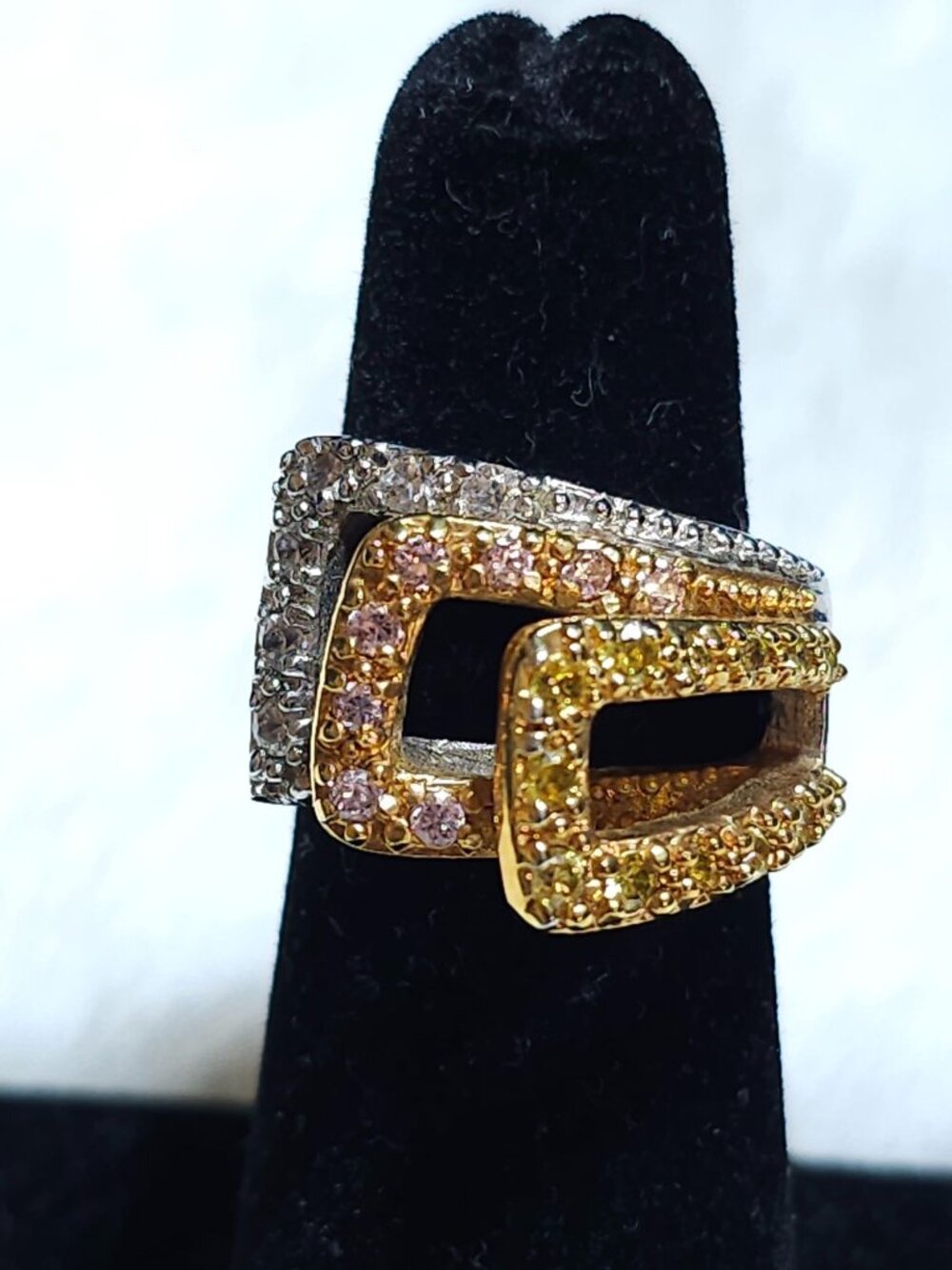 Three-Tone Rhinestone Geometric Ring Size 5 With Gold & Silver Plating
